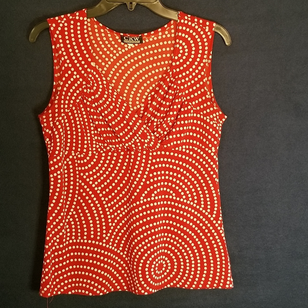 CKW Crew Knit Wear Sleeveless VNeck Polka Dot Top Red/White Softly Draped Bodice